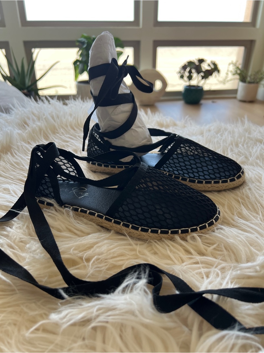 Black Lace-Up Mesh Espadrille Flats